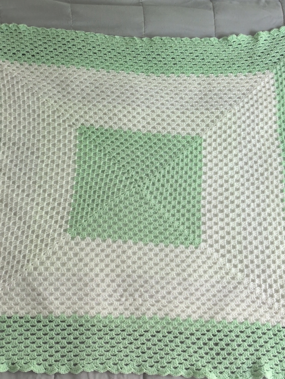 Handmade Crochet Granny Baby Blanket in Mint Green and White